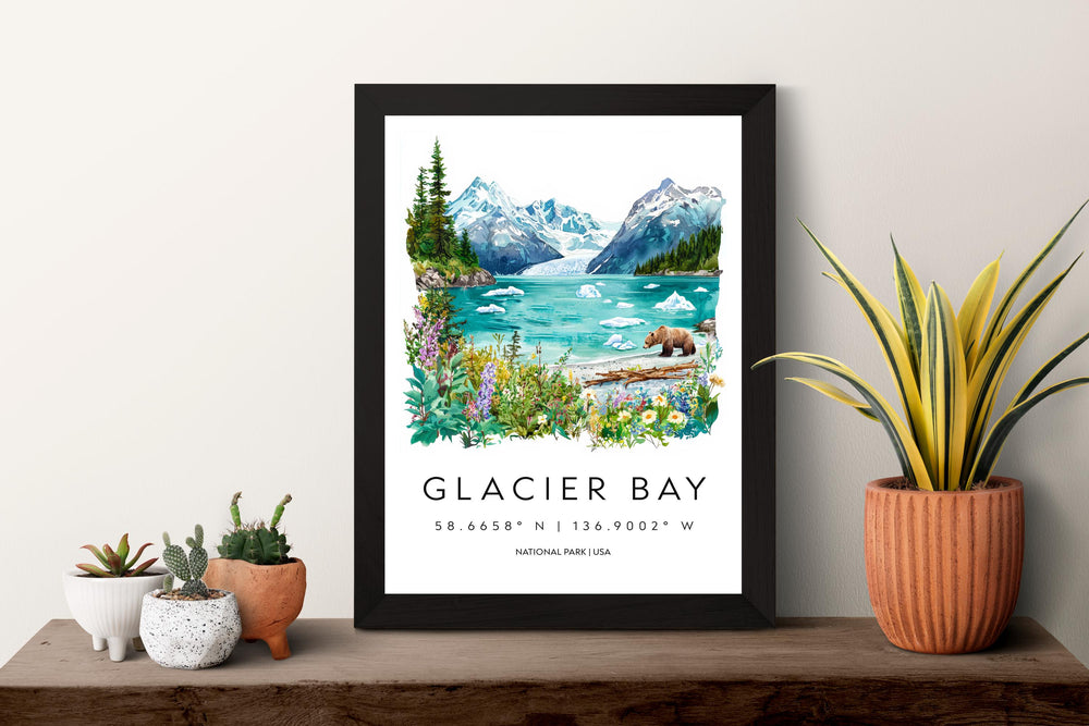 Glacier Bay Watercolor Poster Glacier Bay Travel Print Alaska Wall Art Glacier Bay Decor Coastal Landscape Iceberg Nature Scene Print