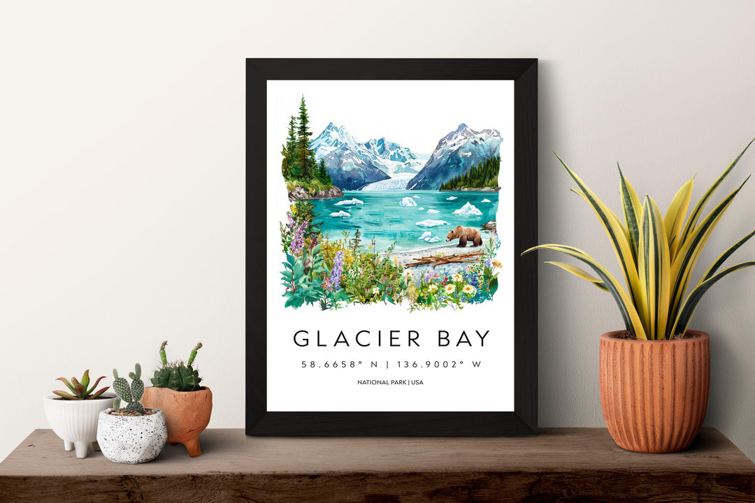 Glacier Bay Watercolor Poster Glacier Bay Travel Print Alaska Wall Art Glacier Bay Decor Coastal Landscape Iceberg Nature Scene Print