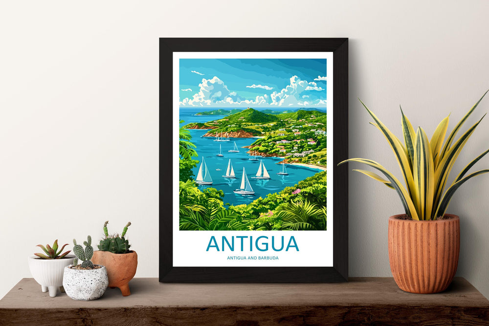 Antigua Travel Poster Caribbean Wall Art Beach Ocean View Tropical Decor Island Gift Souvenir Scene Paradise Landmark Art