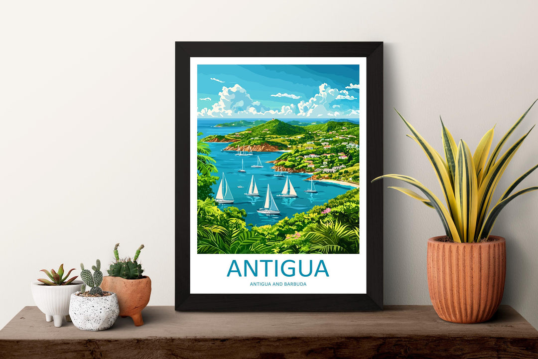 Antigua Travel Poster Caribbean Wall Art Beach Ocean View Tropical Decor Island Gift Souvenir Scene Paradise Landmark Art