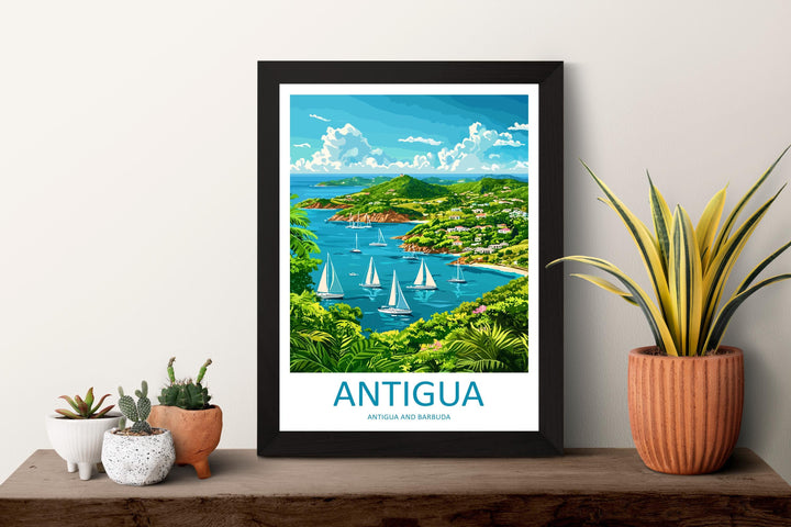 Antigua Travel Poster Caribbean Wall Art Beach Ocean View Tropical Decor Island Gift Souvenir Scene Paradise Landmark Art