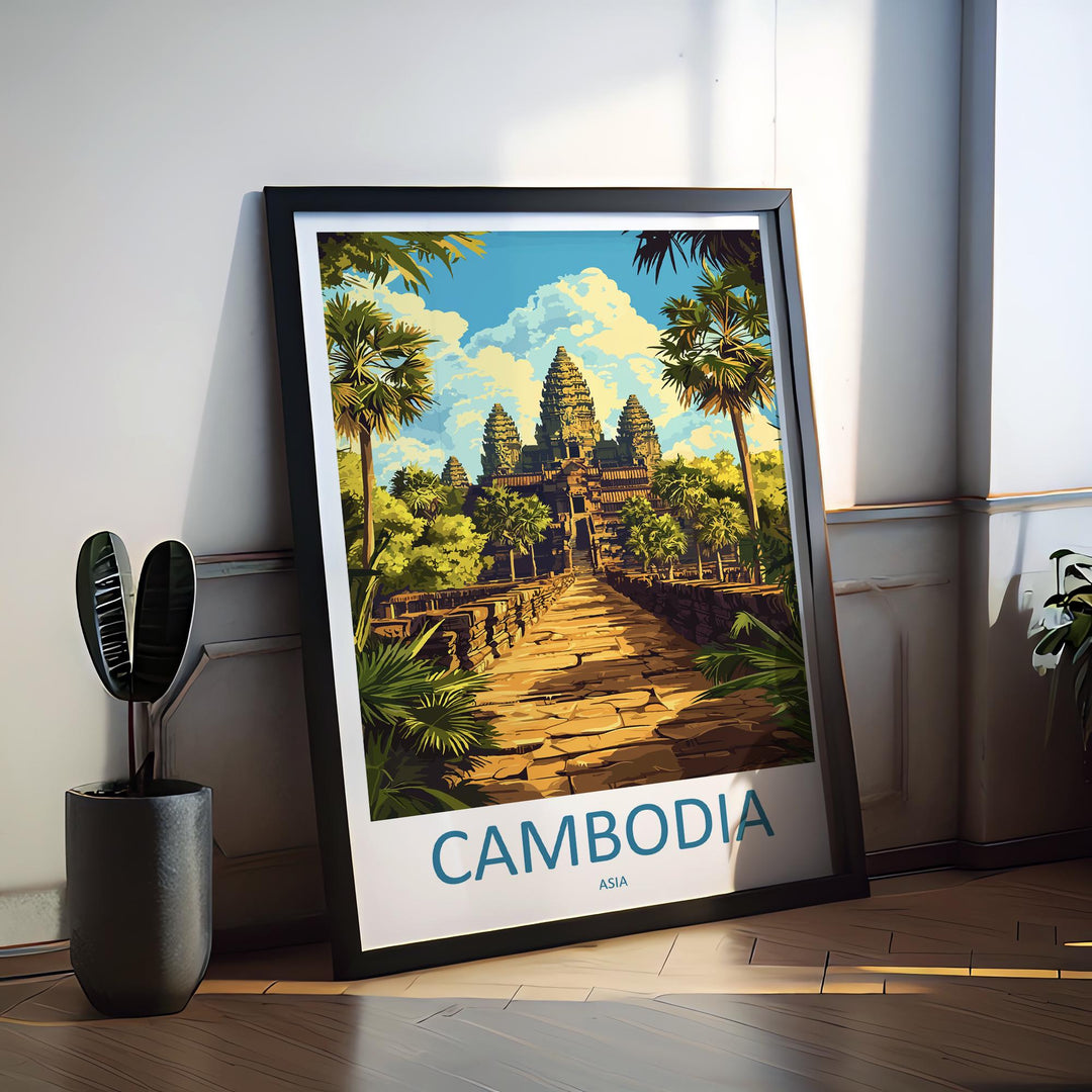 Cambodia Travel Poster Asia Wall Art Angkor Wat Temple Print Ancient Decor Cambodian Gift Souvenir Scene Southeast Asia Landmark Art