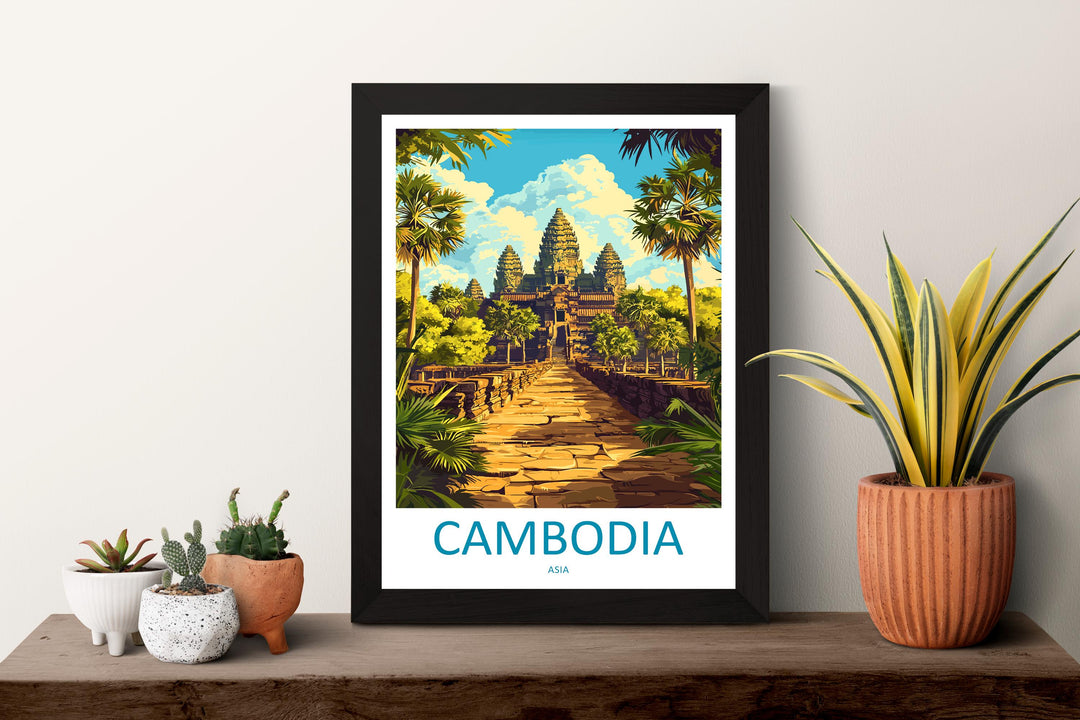 Cambodia Travel Poster Asia Wall Art Angkor Wat Temple Print Ancient Decor Cambodian Gift Souvenir Scene Southeast Asia Landmark Art