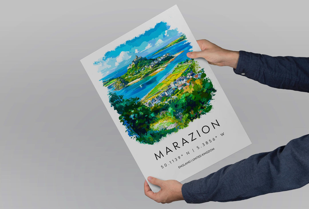 Marazion Watercolor Poster Marazion Cornwall Travel Print Wall Art Marazion Home Decor Marazion Gift Art Lovers UK St Michaels Mount