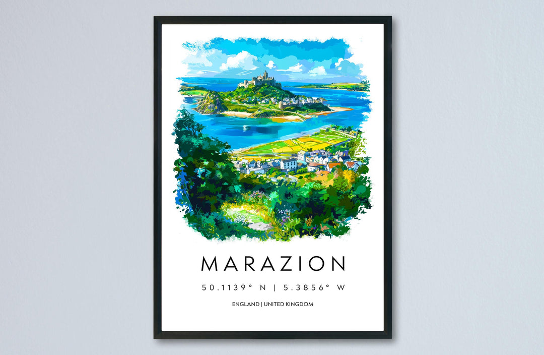 Marazion Watercolor Poster Marazion Cornwall Travel Print Wall Art Marazion Home Decor Marazion Gift Art Lovers UK St Michaels Mount