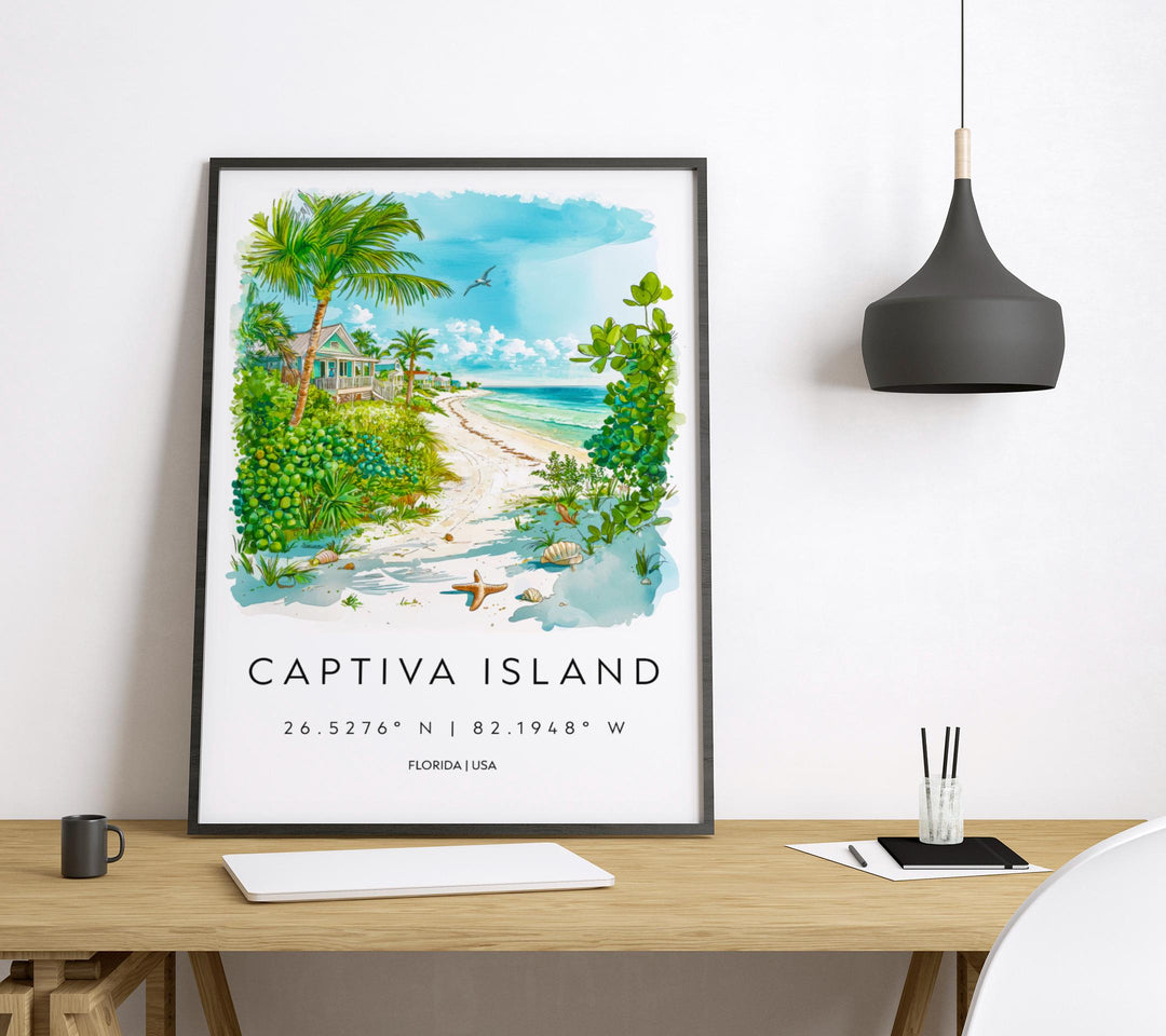 Captiva Island Watercolor Poster Captiva Travel Print Florida Wall Art Captiva Island Decor Coastal Scene Beach Sunset Shell Print