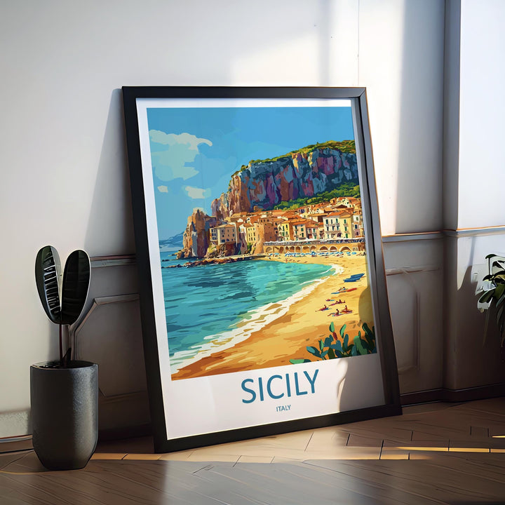 Sicily Travel Poster Italy Wall Art Island Coast Print Mediterranean View Illustration Historic Decor Sicily Gift Souvenir Scene