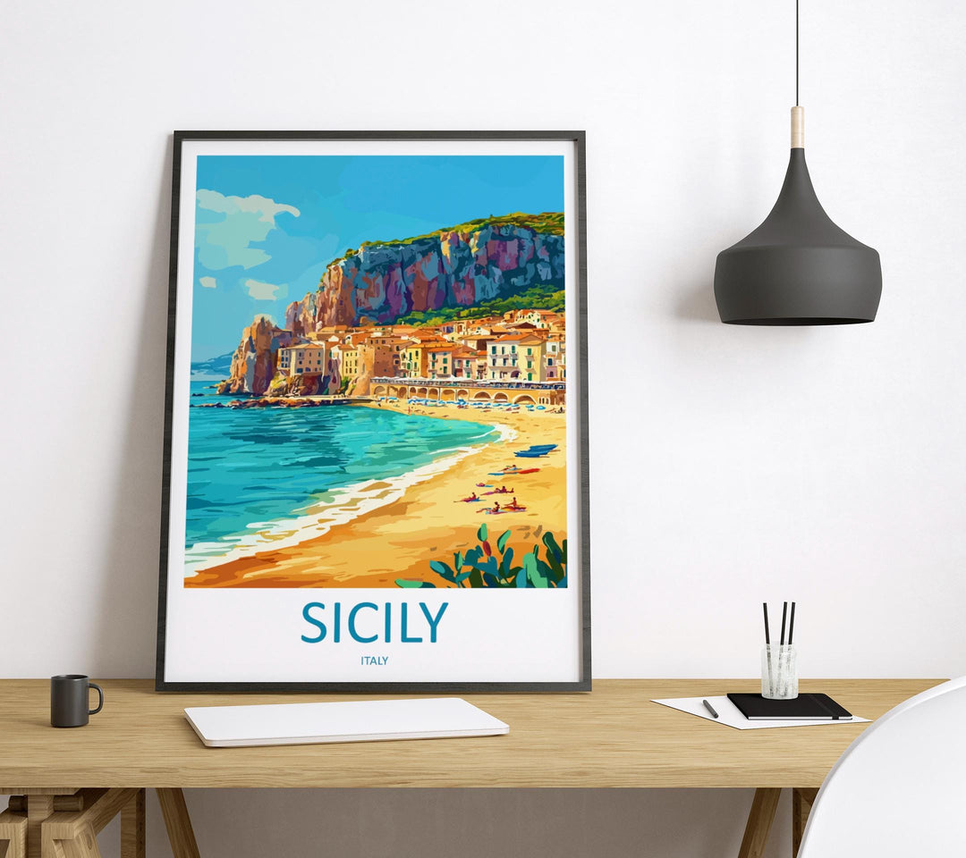 Sicily Travel Poster Italy Wall Art Island Coast Print Mediterranean View Illustration Historic Decor Sicily Gift Souvenir Scene