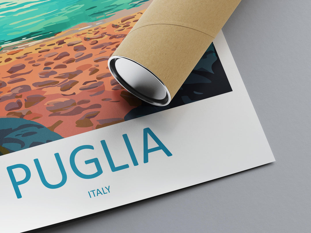 Puglia Travel Poster Italy Wall Art Coastal Village Print Trulli View Illustration Mediterranean Decor Puglia Gift Souvenir Scene