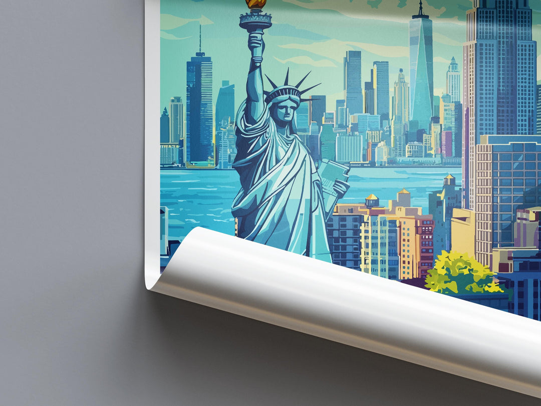 New York Travel Poster USA Wall Art Cityscape Print Skyline View Illustration Manhattan Decor NYC Gift Souvenir Empire Scene