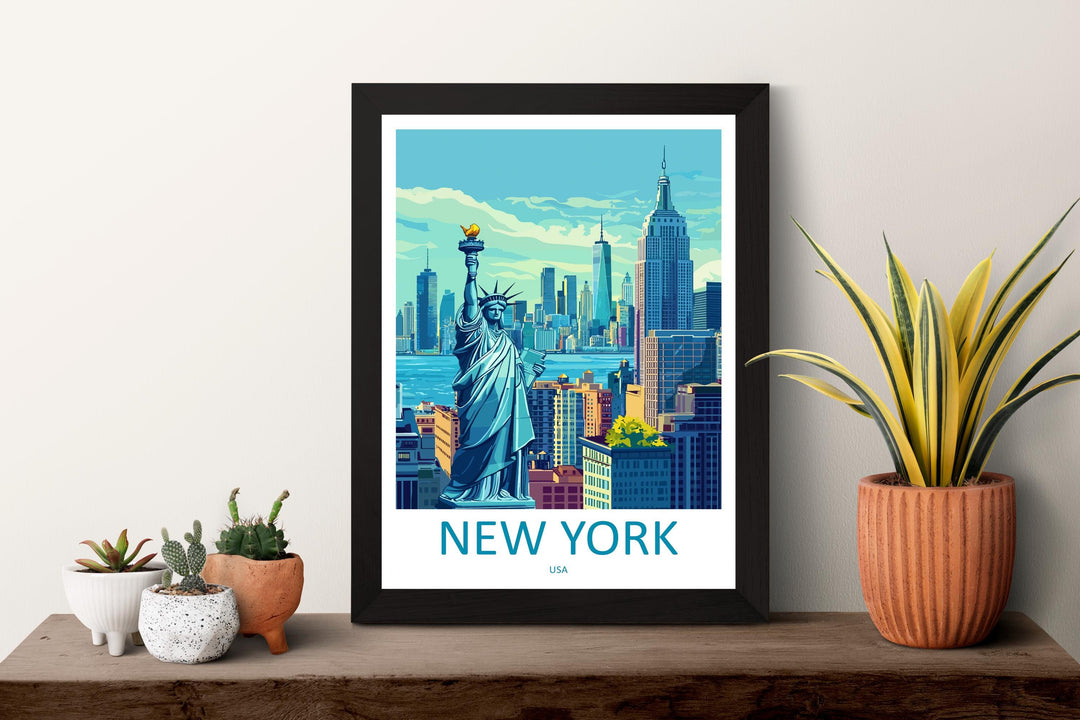 New York Travel Poster USA Wall Art Cityscape Print Skyline View Illustration Manhattan Decor NYC Gift Souvenir Empire Scene