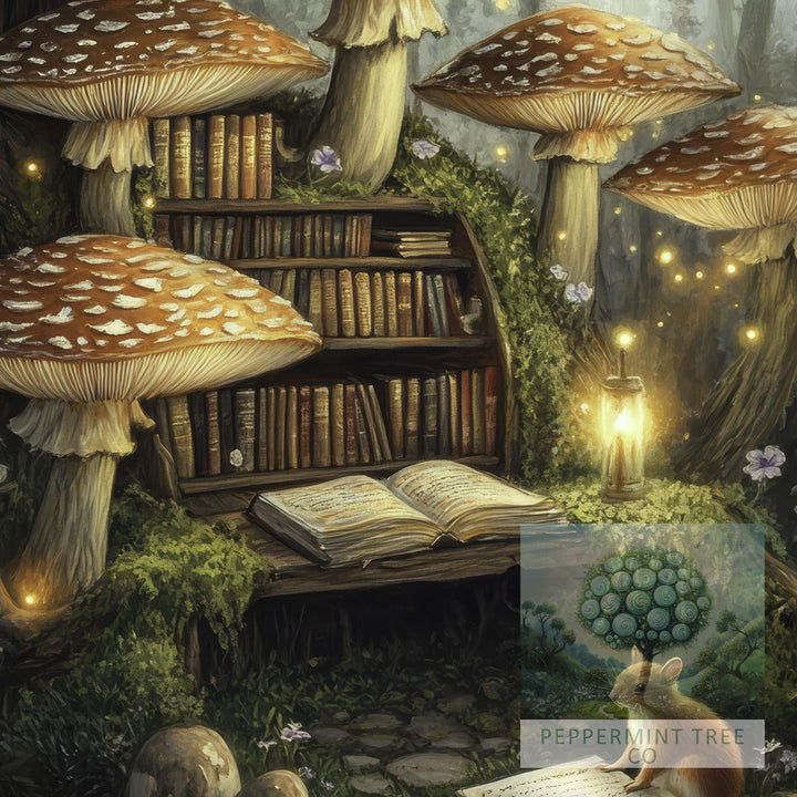Mushroom Library Print, Vintage Cottagecore Magical Forest Art