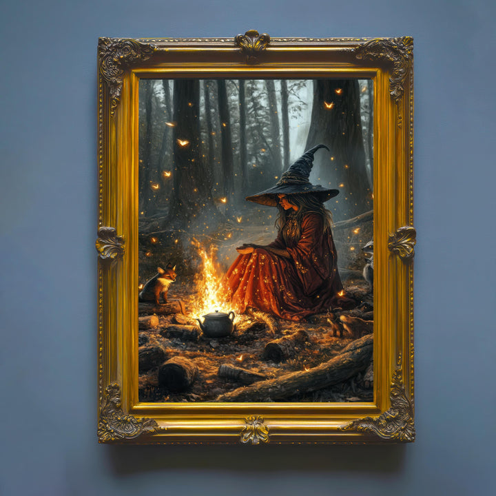 Witch by Firelight Art Print | Vintage Cottagecore Wall Decor
