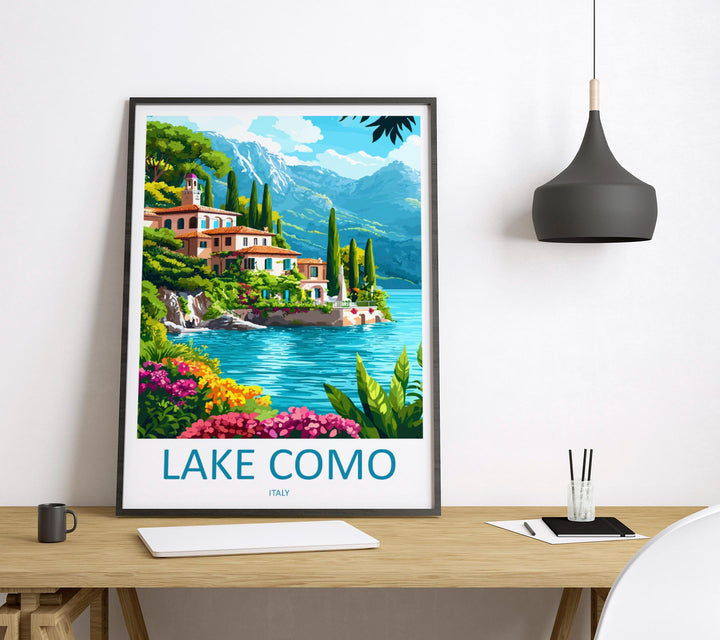 Lake Como Travel Poster Italy Wall Art Waterfront View Print Villa Scene Illustration Alpine Decor Lake Como Gift Souvenir Scene