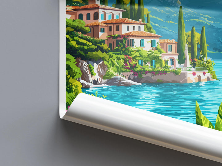 Lake Como Travel Poster Italy Wall Art Waterfront View Print Villa Scene Illustration Alpine Decor Lake Como Gift Souvenir Scene