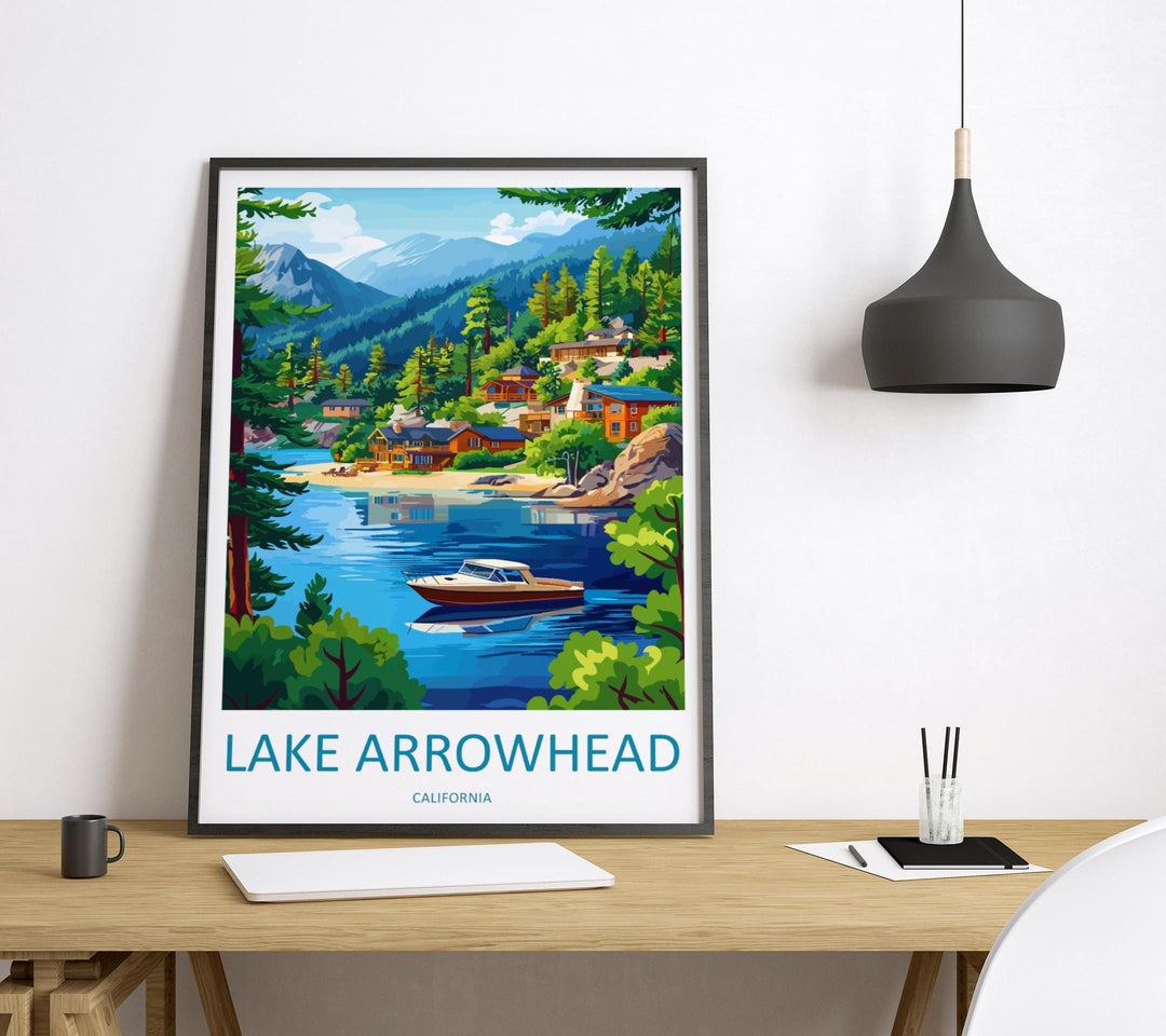 Lake Arrowhead Travel Poster California Wall Art Mountain Lake Print Pine Forest View Illustration Nature Decor Gift Souvenir