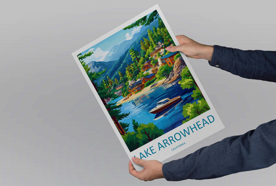 Lake Arrowhead Travel Poster California Wall Art Mountain Lake Print Pine Forest View Illustration Nature Decor Gift Souvenir