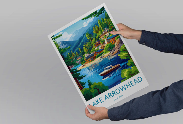 Lake Arrowhead Travel Poster California Wall Art Mountain Lake Print Pine Forest View Illustration Nature Decor Gift Souvenir