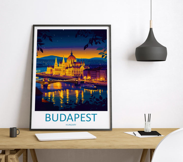 Budapest Travel Poster Hungary Wall Art Cityscape Print Parliament View Illustration Danube Decor Budapest Gift Souvenir Scene