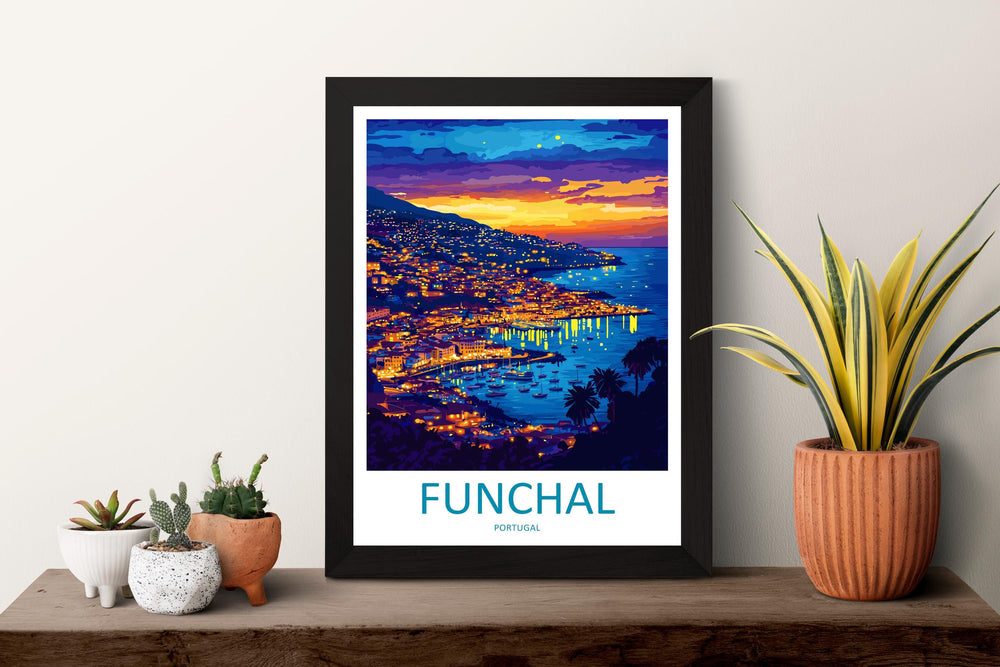 Funchal Travel Poster Madeira Wall Art Coastal City Print Hill View Illustration Atlantic Island Decor Funchal Gift Souvenir Scene