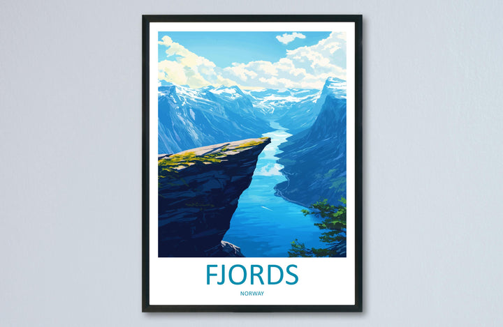 Norway Fjords Travel Poster Nordic Wall Art Coastal Landscape Print Cliff View Illustration Nature Decor Fjord Gift Souvenir Scene