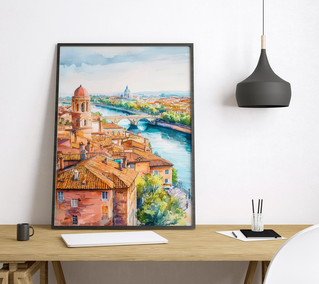 Toulouse Watercolor Poster Toulouse Travel Print France Wall Art Toulouse Architecture Decor Pink City Scene Garonne River Landscape