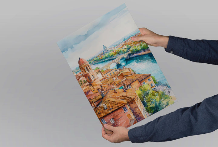 Toulouse Watercolor Poster Toulouse Travel Print France Wall Art Toulouse Architecture Decor Pink City Scene Garonne River Landscape