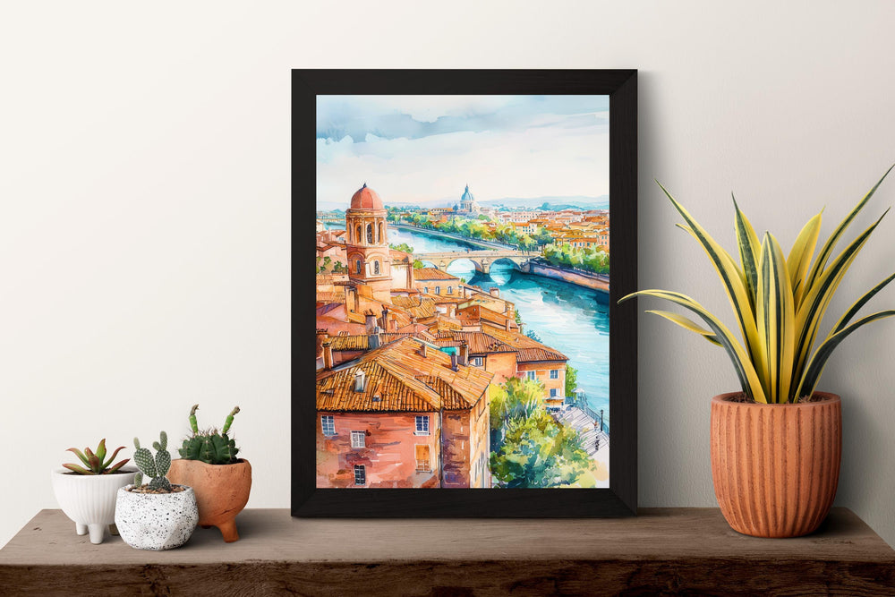 Toulouse Watercolor Poster Toulouse Travel Print France Wall Art Toulouse Architecture Decor Pink City Scene Garonne River Landscape