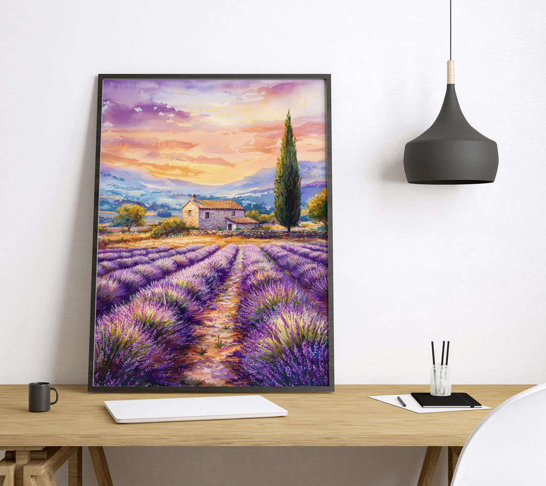 Provence Watercolor Poster Provence Travel Print France Wall Art Provence Decor Lavender Field Landscape French Countryside Scene Print