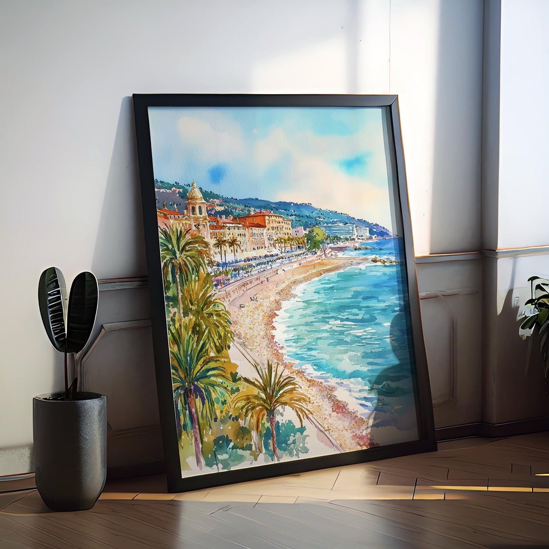 Nice Watercolor Poster Nice Travel Print France Wall Art Nice Decor French Riviera Scene Promenade des Anglais Beach City Landscape Print