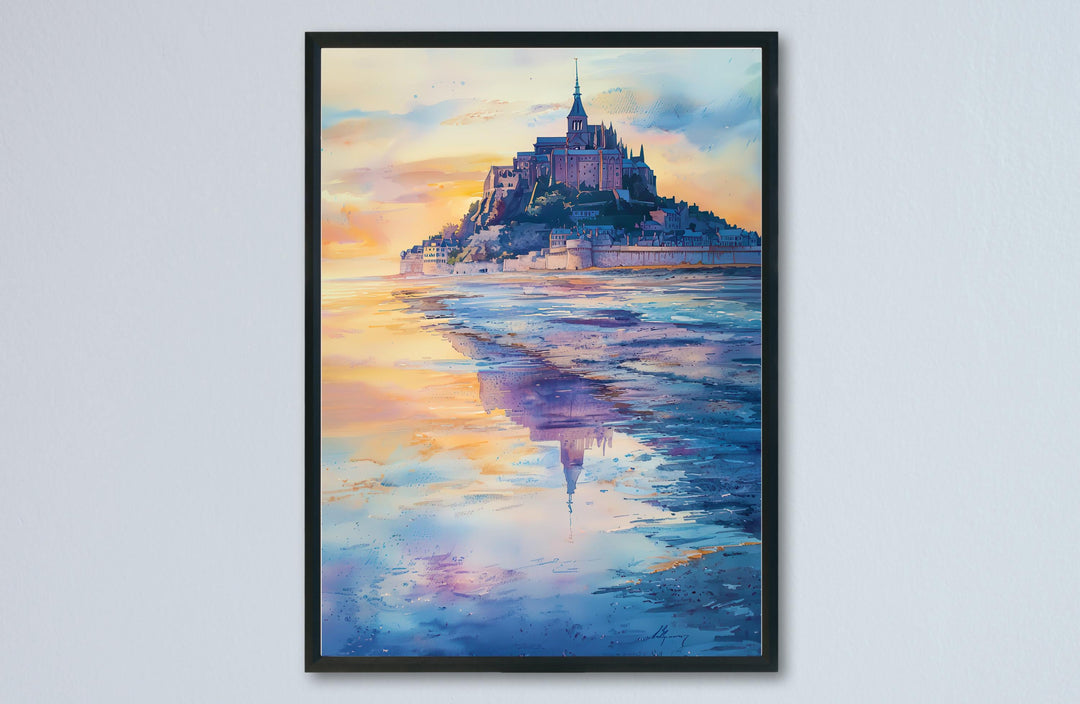 Mont Saint Michel Watercolor Poster Travel Print France Wall Art Mont Saint Michel Decor Tidal Island Scene Historic Architecture Print