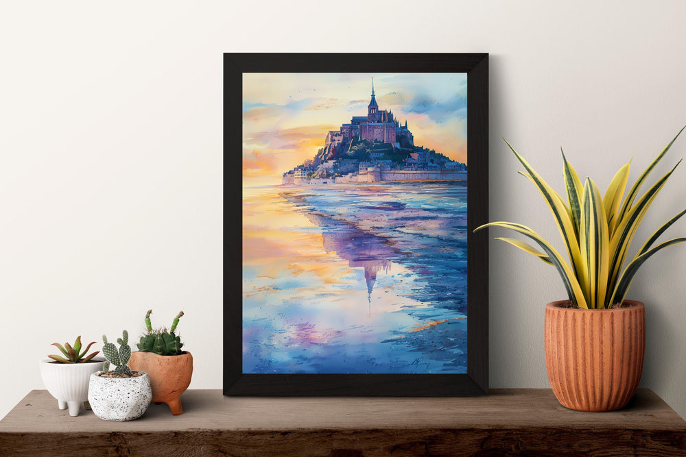 Mont Saint Michel Watercolor Poster Travel Print France Wall Art Mont Saint Michel Decor Tidal Island Scene Historic Architecture Print