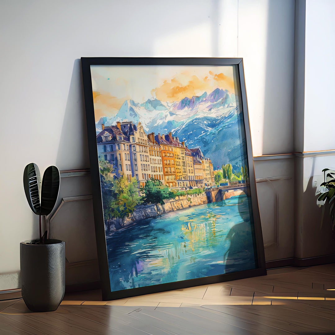 Grenoble Watercolor Poster Grenoble Travel Print France Wall Art Grenoble Decor Mountain City Scene French Alps Landscape Urban Print