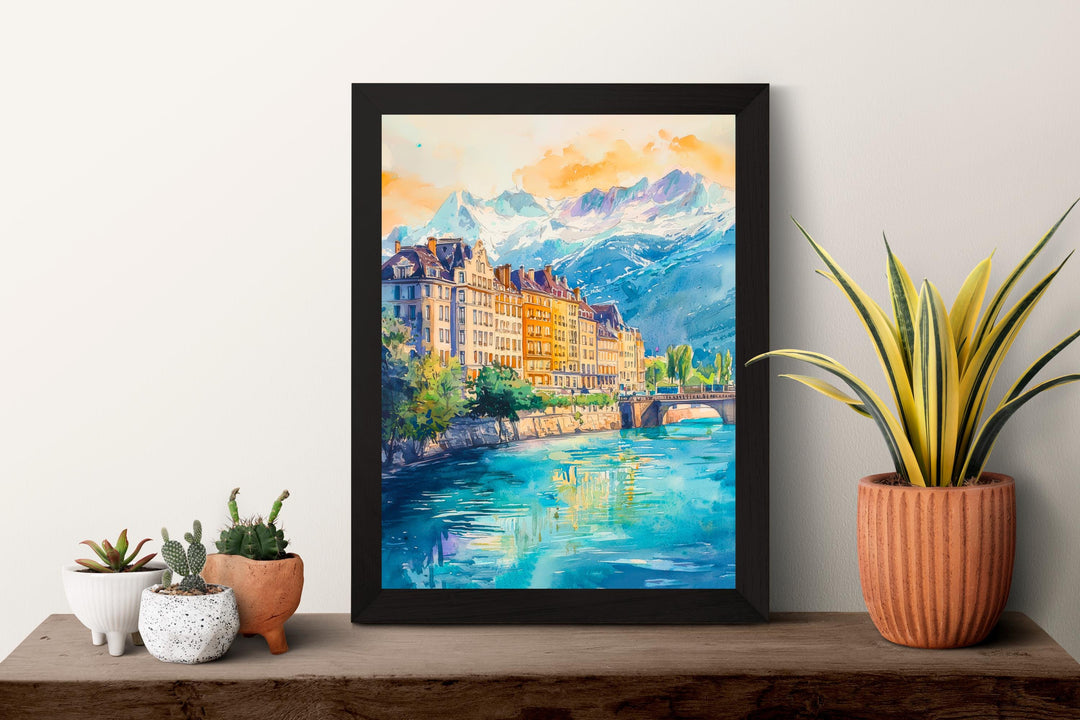 Grenoble Watercolor Poster Grenoble Travel Print France Wall Art Grenoble Decor Mountain City Scene French Alps Landscape Urban Print