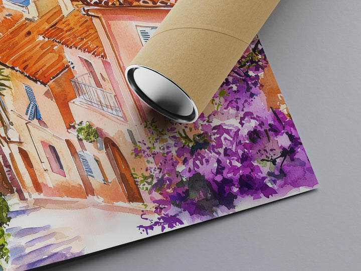 French Riviera Watercolor Poster France Travel Print Riviera Wall Art French Riviera Decor Coastal City Scene Mediterranean View Print