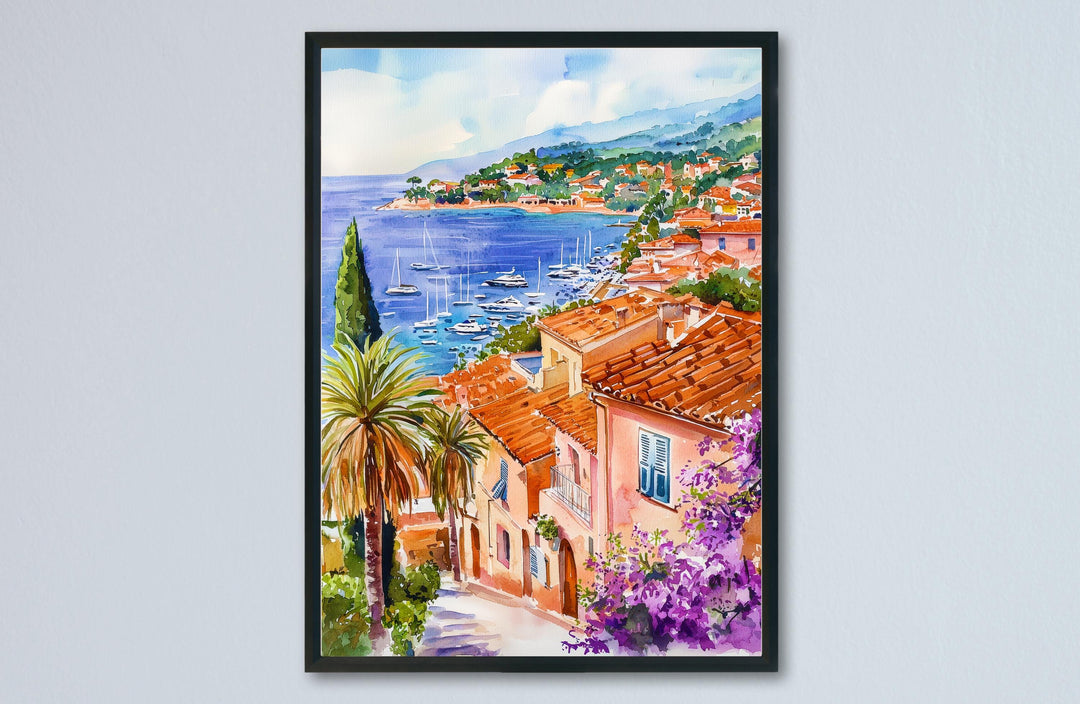 French Riviera Watercolor Poster France Travel Print Riviera Wall Art French Riviera Decor Coastal City Scene Mediterranean View Print