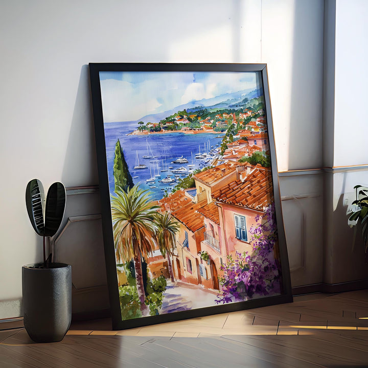 French Riviera Watercolor Poster France Travel Print Riviera Wall Art French Riviera Decor Coastal City Scene Mediterranean View Print