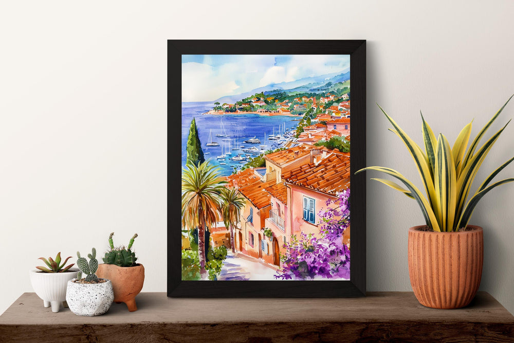 French Riviera Watercolor Poster France Travel Print Riviera Wall Art French Riviera Decor Coastal City Scene Mediterranean View Print