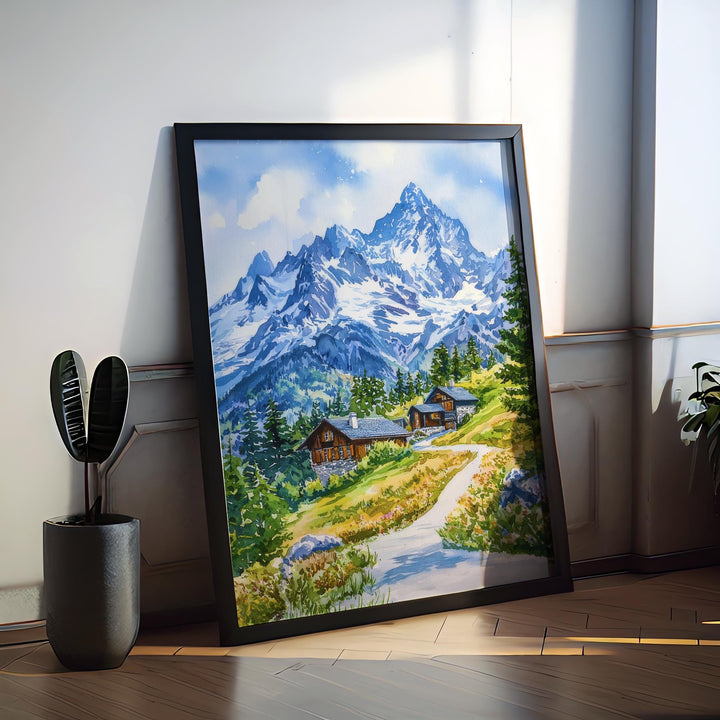French Alps Watercolor Poster Alps Travel Print France Wall Art French Alps Decor Mountain Scene Ski Resort Landscape Nature View Print