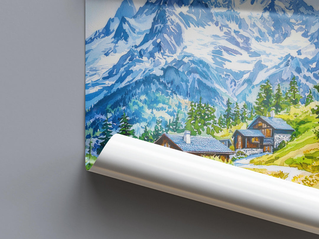 French Alps Watercolor Poster Alps Travel Print France Wall Art French Alps Decor Mountain Scene Ski Resort Landscape Nature View Print