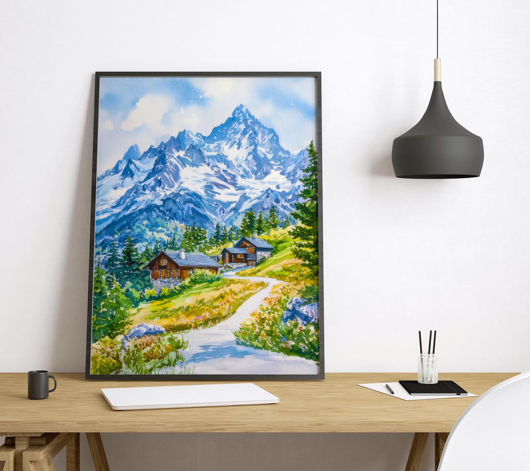French Alps Watercolor Poster Alps Travel Print France Wall Art French Alps Decor Mountain Scene Ski Resort Landscape Nature View Print