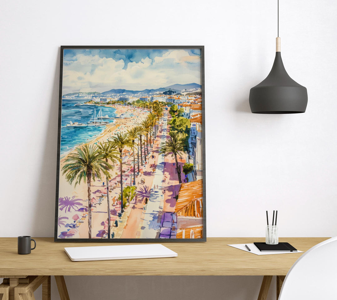 Cannes Watercolor Poster Cannes Travel Print France Wall Art Cannes Decor French Riviera Scene Seaside Cityscape Beach Sunset Print