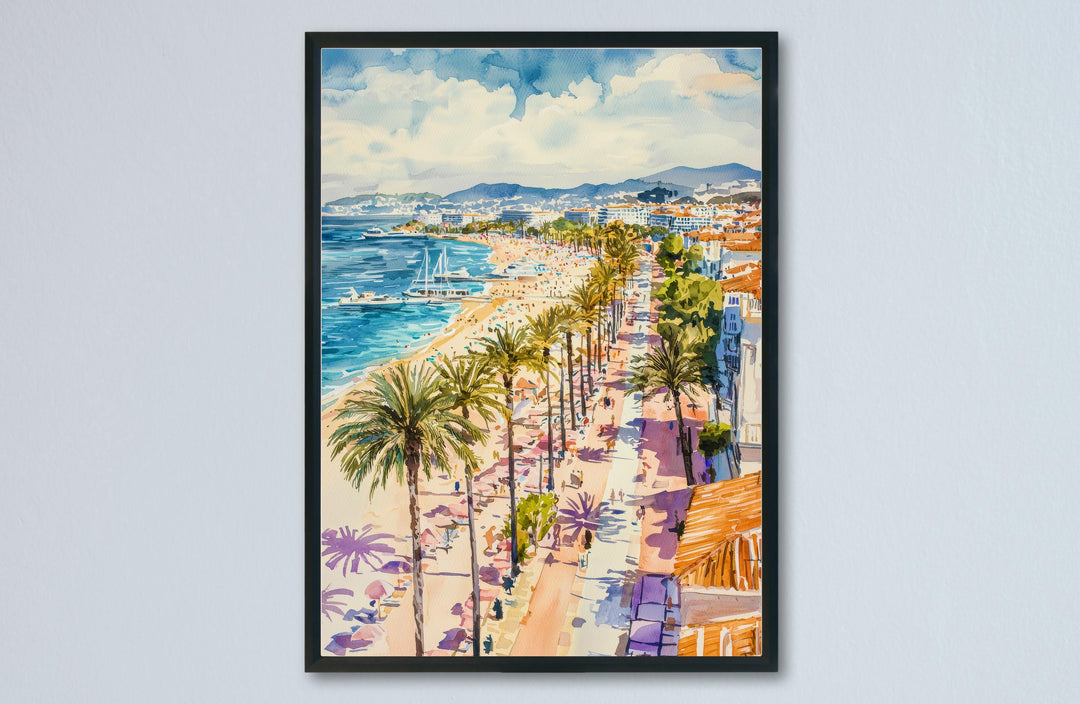 Cannes Watercolor Poster Cannes Travel Print France Wall Art Cannes Decor French Riviera Scene Seaside Cityscape Beach Sunset Print
