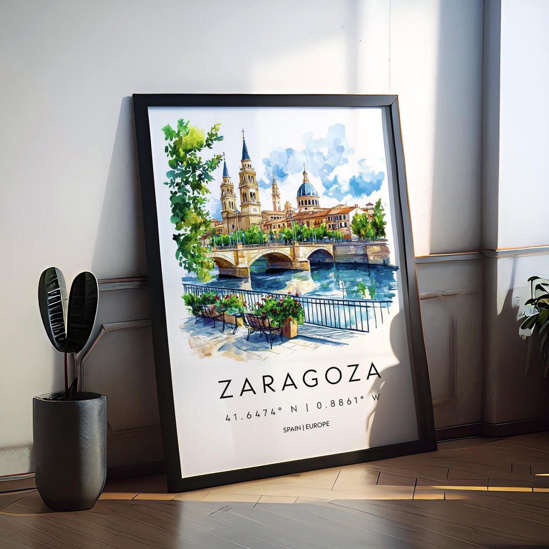 Zaragoza Watercolor Poster Zaragoza Travel Print Spain Wall Art Zaragoza Decor Basilica Scene Ebro River Spanish City Landscape Print