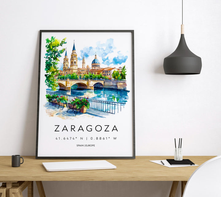 Zaragoza Watercolor Poster Zaragoza Travel Print Spain Wall Art Zaragoza Decor Basilica Scene Ebro River Spanish City Landscape Print