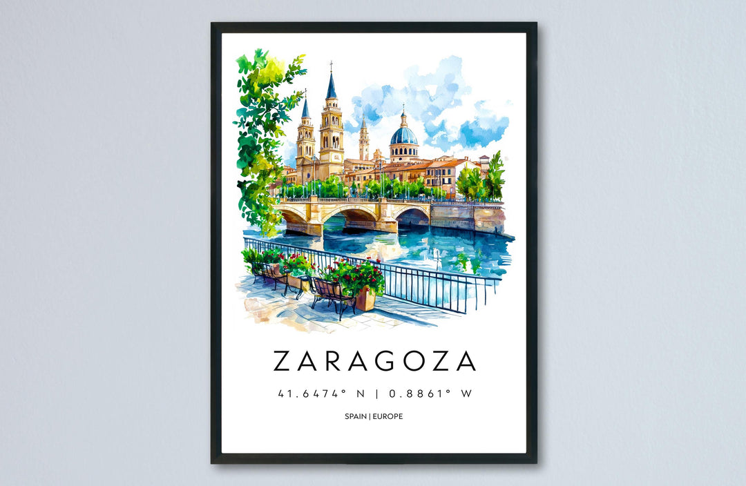 Zaragoza Watercolor Poster Zaragoza Travel Print Spain Wall Art Zaragoza Decor Basilica Scene Ebro River Spanish City Landscape Print