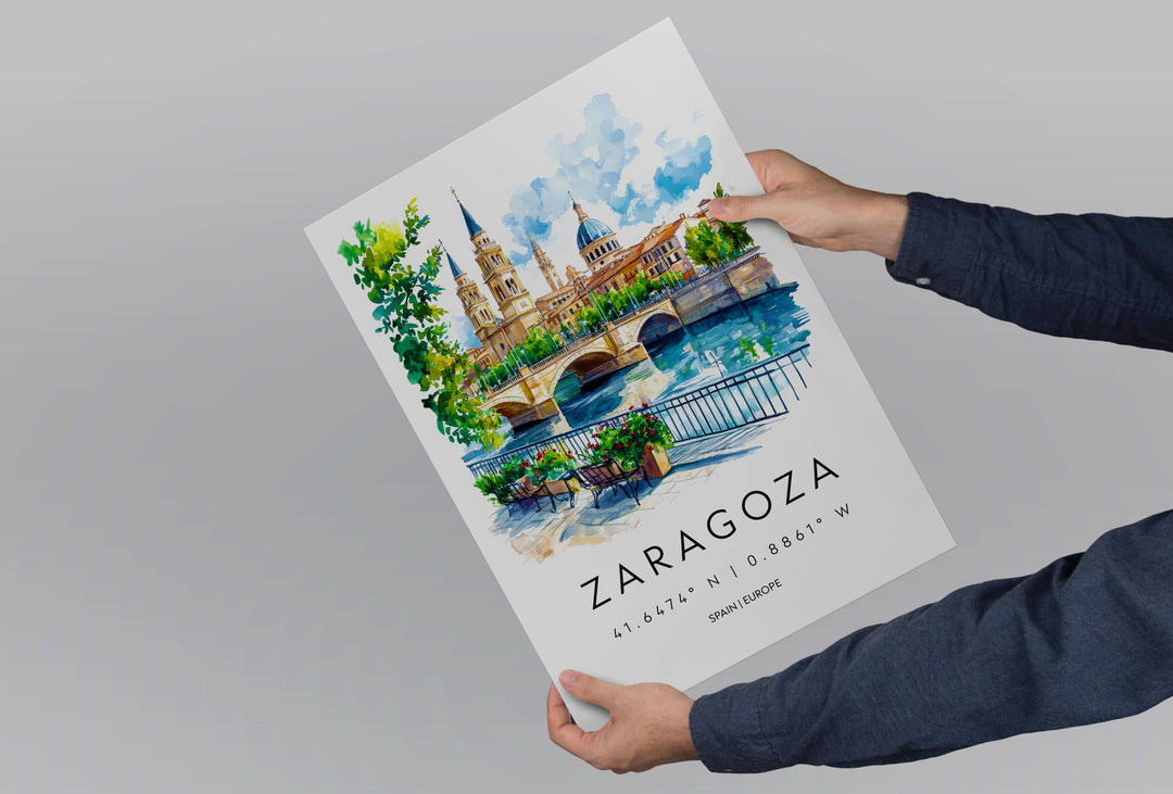 Zaragoza Watercolor Poster Zaragoza Travel Print Spain Wall Art Zaragoza Decor Basilica Scene Ebro River Spanish City Landscape Print