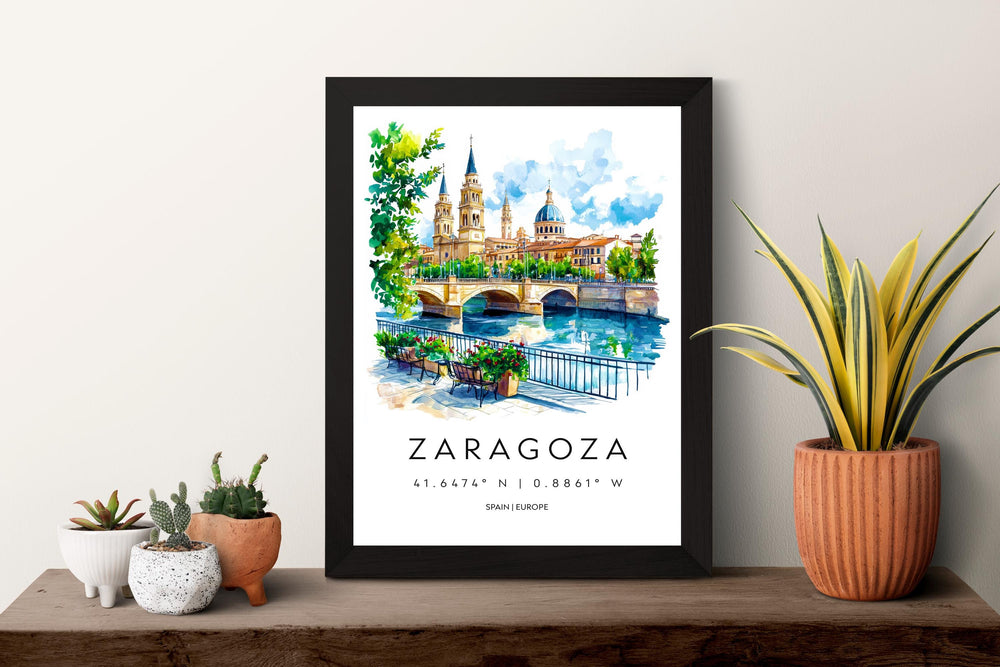 Zaragoza Watercolor Poster Zaragoza Travel Print Spain Wall Art Zaragoza Decor Basilica Scene Ebro River Spanish City Landscape Print