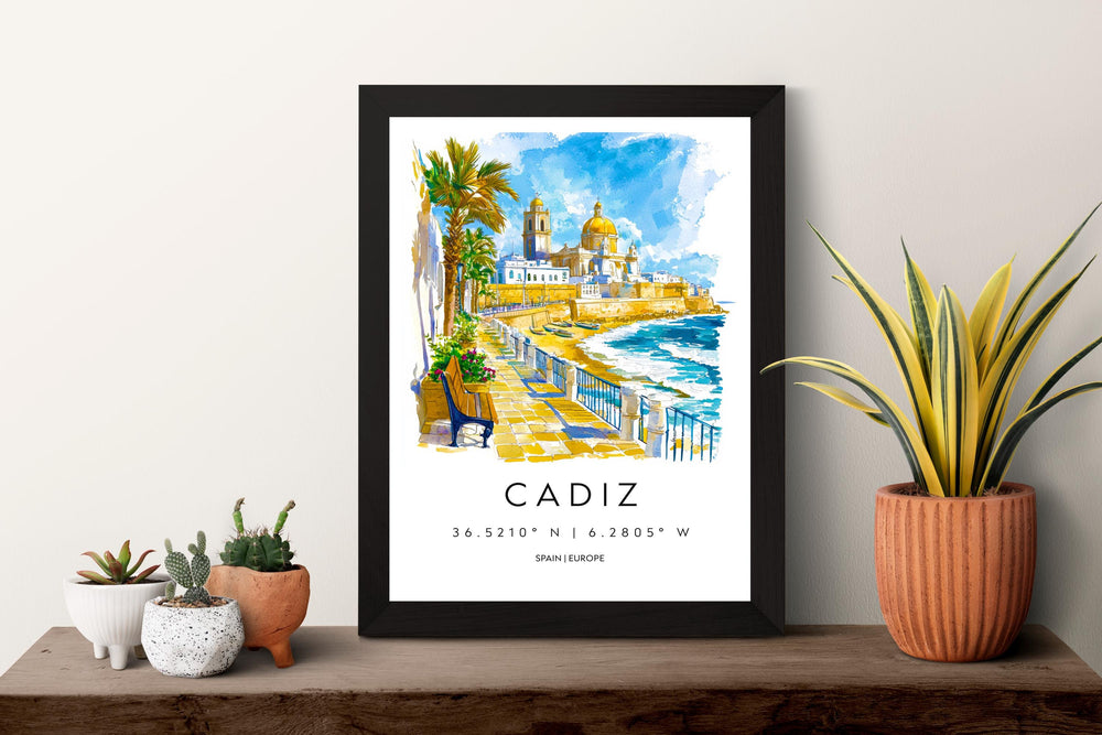 Cadiz Watercolor Poster Cadiz Travel Print Spain Wall Art Cadiz Decor Coastal City Scene Cathedral Beach Spanish View Seaside Landscape