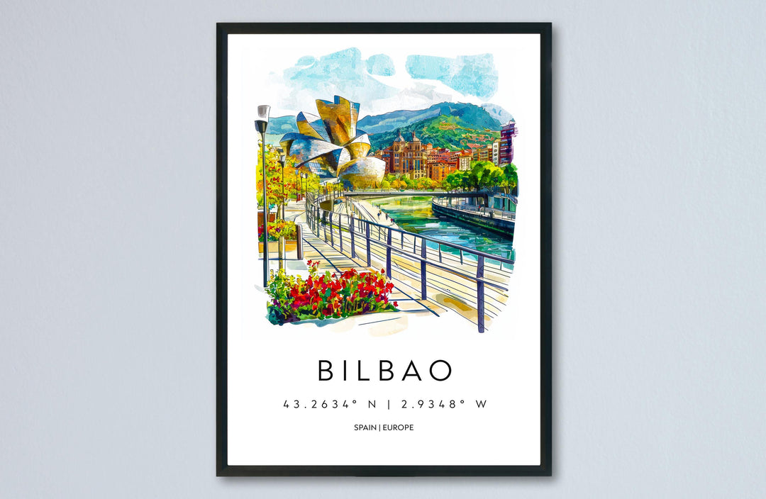 Bilbao Watercolor Poster Bilbao Travel Print Spain Wall Art Bilbao Decor Guggenheim Scene River City View Basque Country Landscape Print
